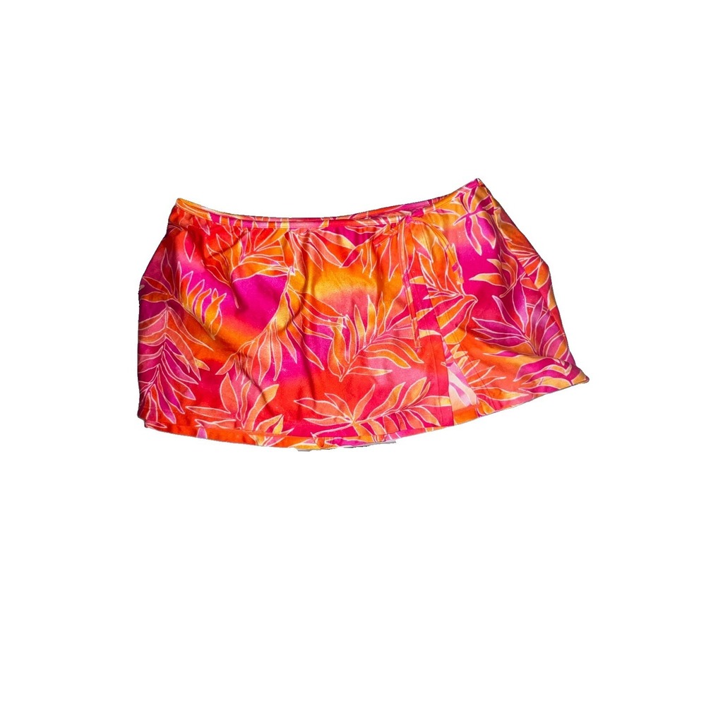 Tropical Large Leaf Glitter Swim Skirt Orange Pink  Slit‎ Elastic Drawstring 20W